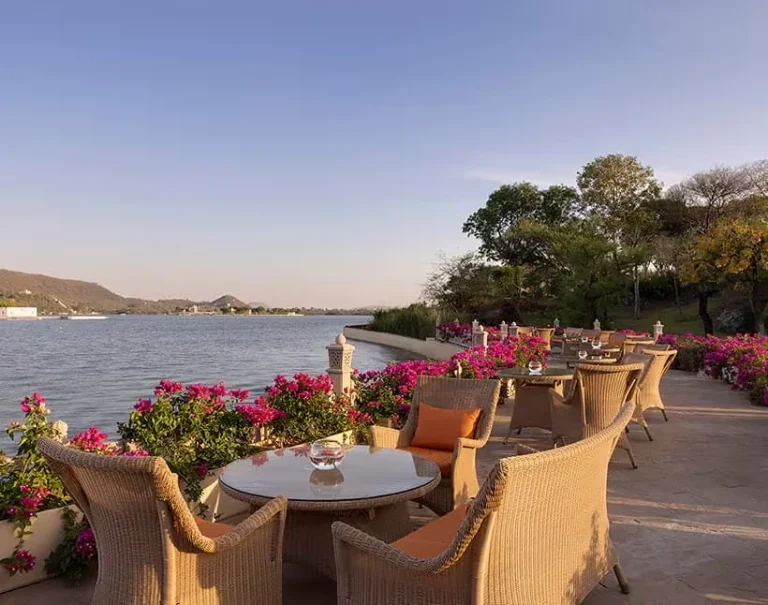 Lakeside dining terrace near Udaipur, with outdoor tables, woven chairs, flowering plants and views of the surrounding hills.