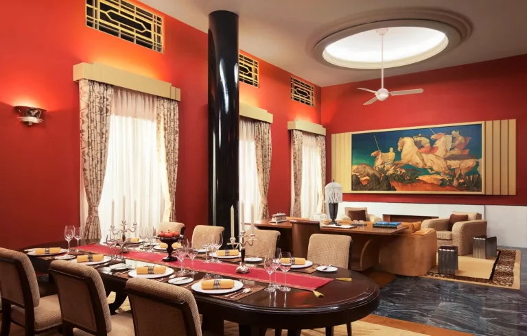 Rare Art Deco dining suite at Umaid Bhawan Palace Jodhpur featuring period-correct furnishings, offering a distinctive and elegant wedding dining experience