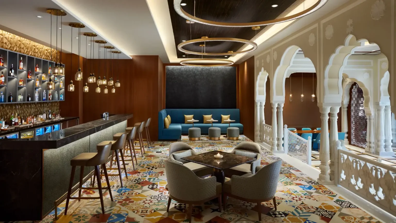 Bar and lounge seating with Rajasthani arches at Hyatt Regency Jaipur Mansarovar