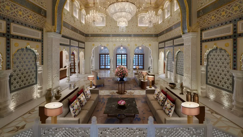 Rajasthani-style lobby with chandeliers and carved arches at Hyatt Regency Jaipur Mansarovar