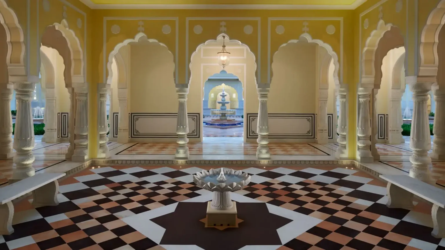 Carved marble fountain in the inner courtyard at Hyatt Regency Jaipur Mansarovar