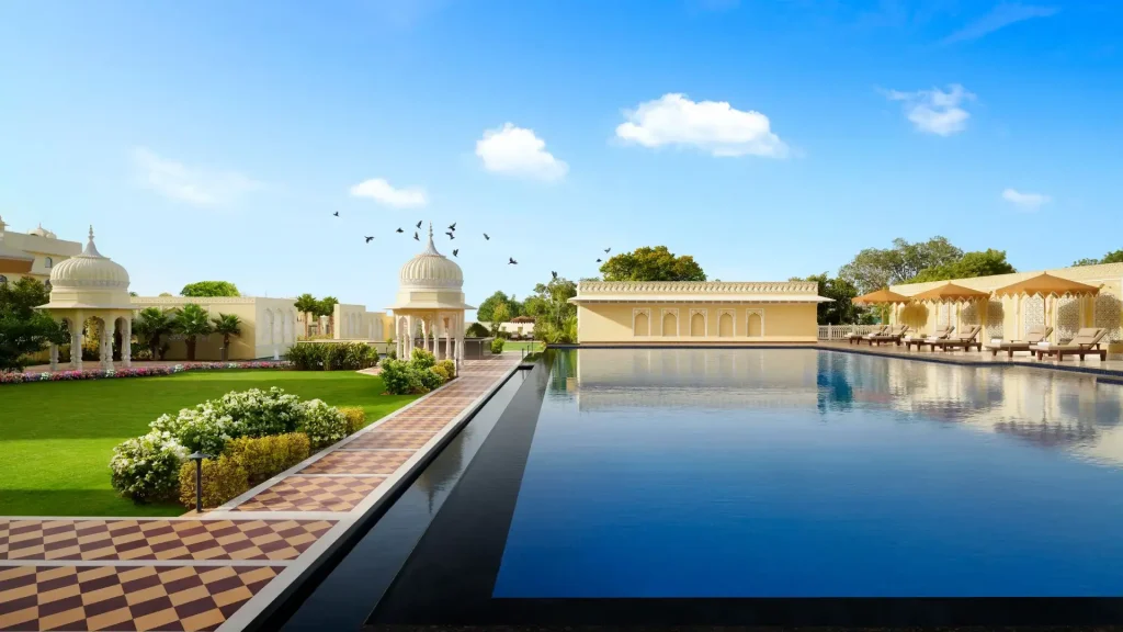 Poolside with domed chattris and Rajasthani pavilions at Hyatt Regency Jaipur Mansarovar