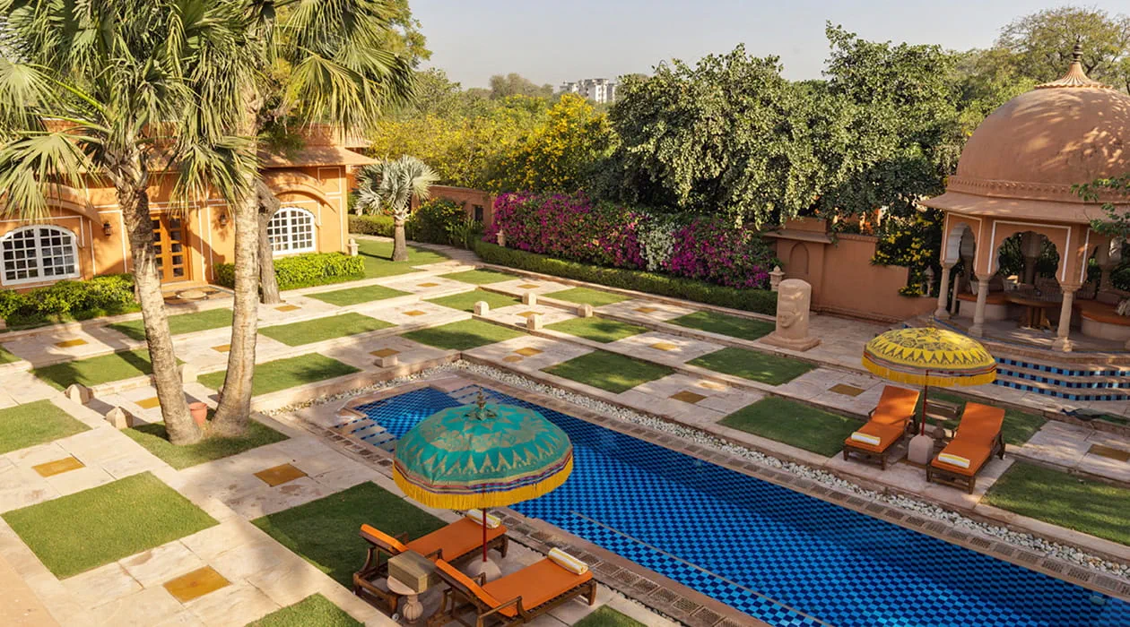 Kohinoor Villa private pool and garden pavilion at The Oberoi Rajvilas, Jaipur