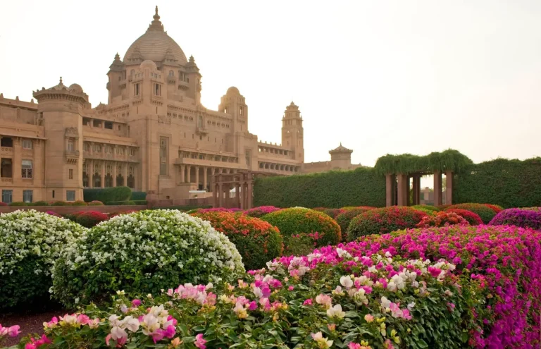 Destination wedding in Jodhpur: Umaid Bhawan Palace seen from the flower garden