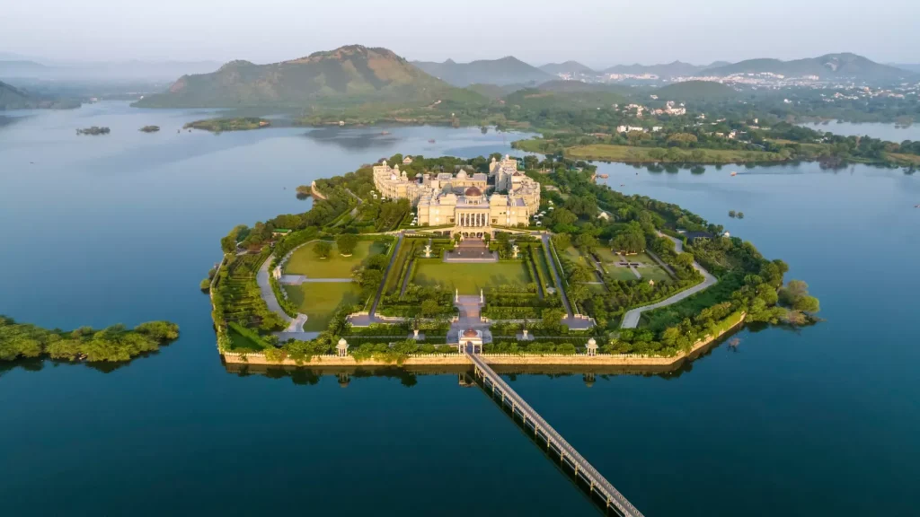 Aerial view of Raffles Udaipur's private island on Udai Sagar Lake