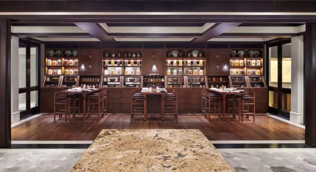 Spice-library-themed dining room with jarred ingredients at Raffles Udaipur