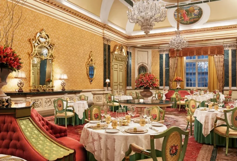 Suvarna Mahal royal dining hall with crystal chandeliers at Rambagh Palace, Jaipur