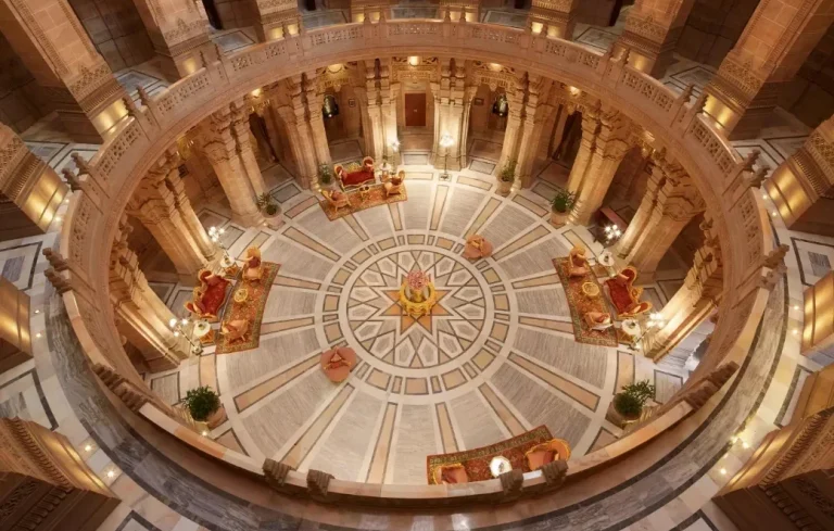 Stunning aerial view of the rotunda dome interior at Umaid Bhawan Palace Jodhpur, an architectural masterpiece and majestic backdrop for royal weddings