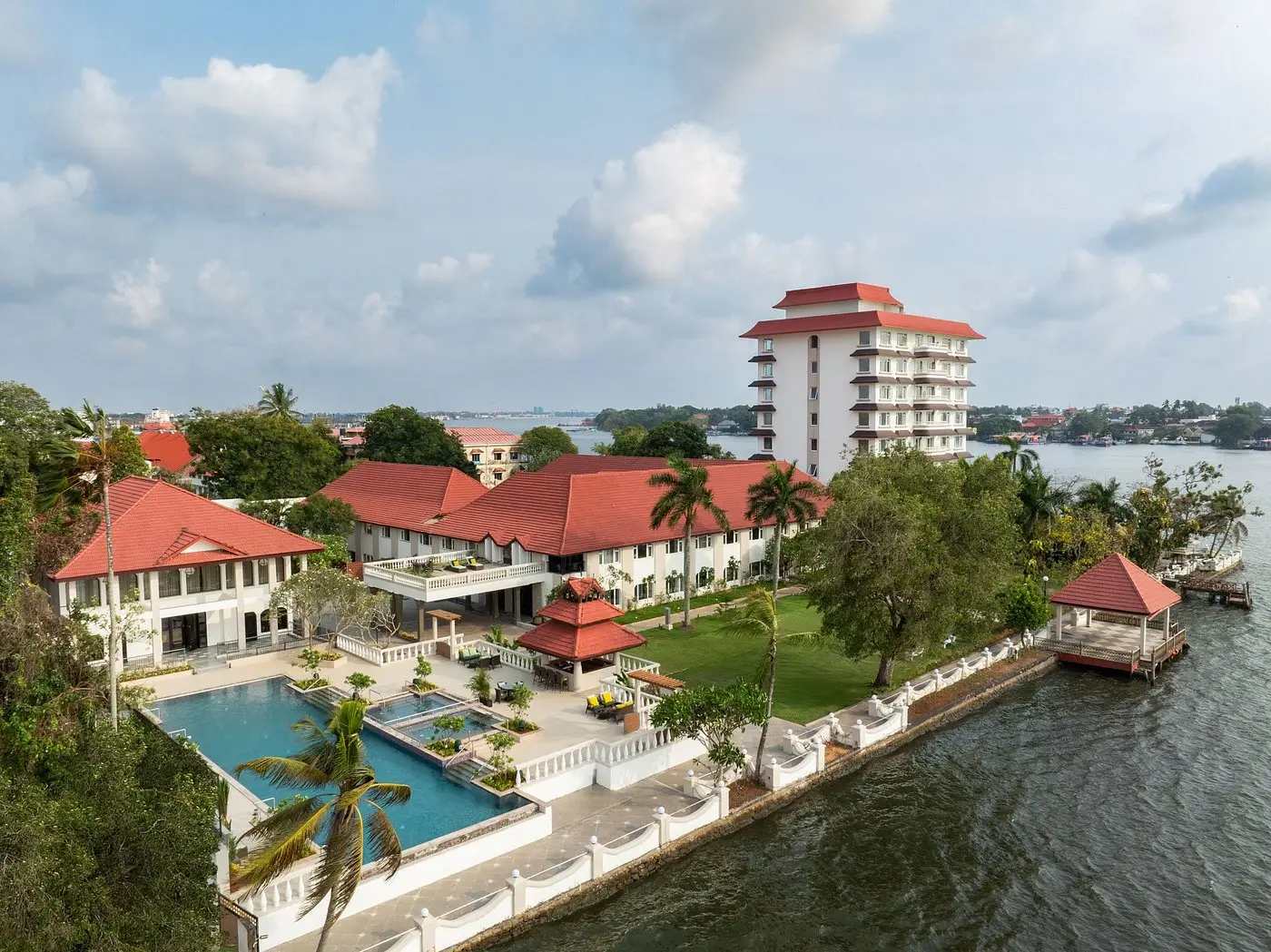 Aerial view of Taj Malabar Resort & Spa on Willingdon Island with pool and harbour