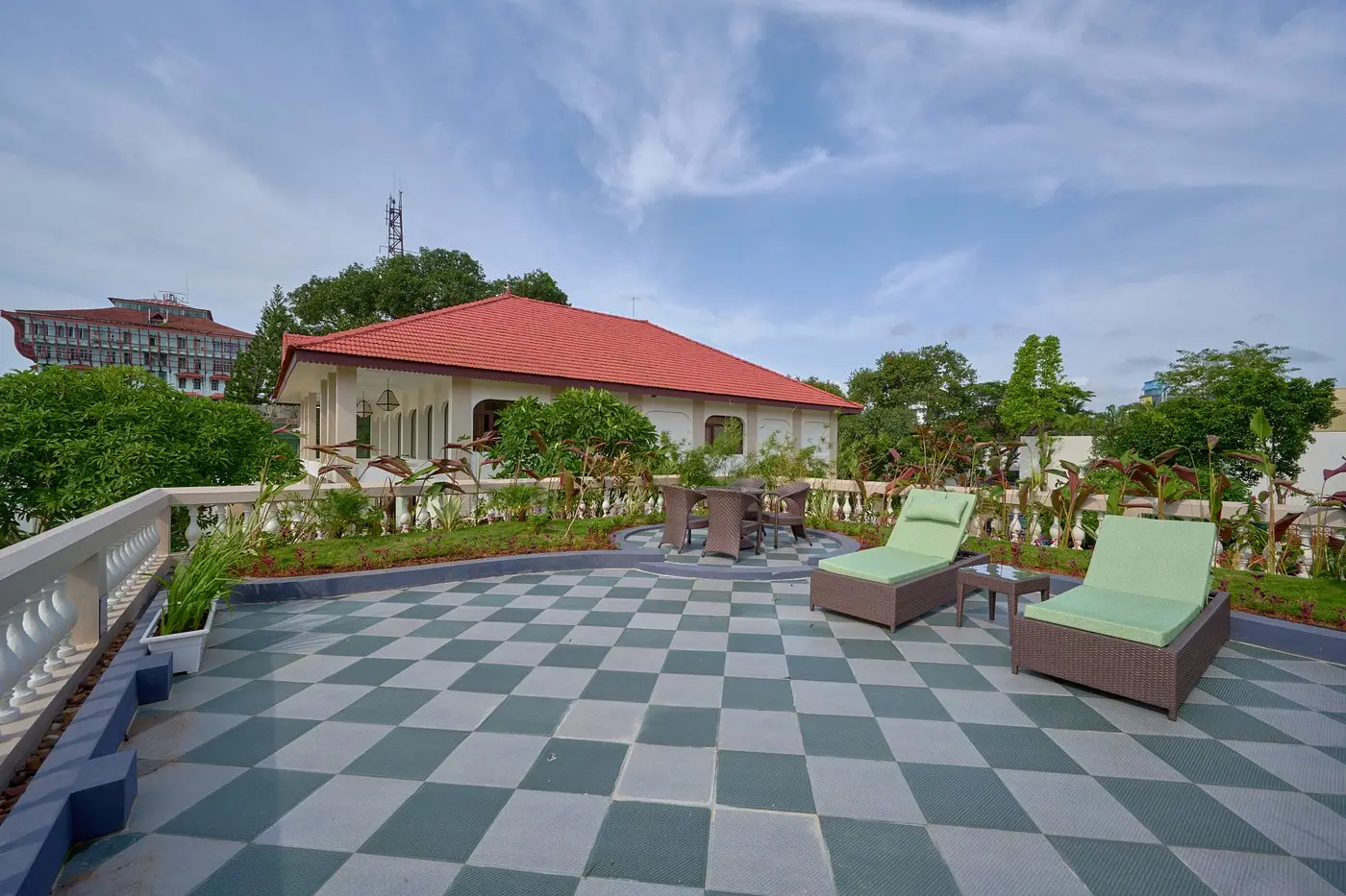 Presidential Suite private terrace with checkerboard deck at Taj Malabar Resort Kochi