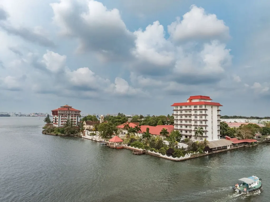 Wide aerial of Taj Malabar Resort & Spa surrounded by Kochi backwaters