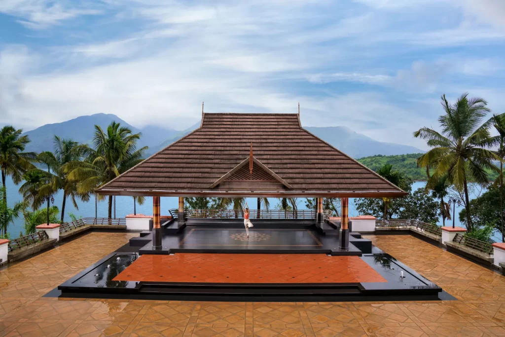 Lakeside yoga pavilion at J Wellness Circle, Taj Wayanad Resort & Spa