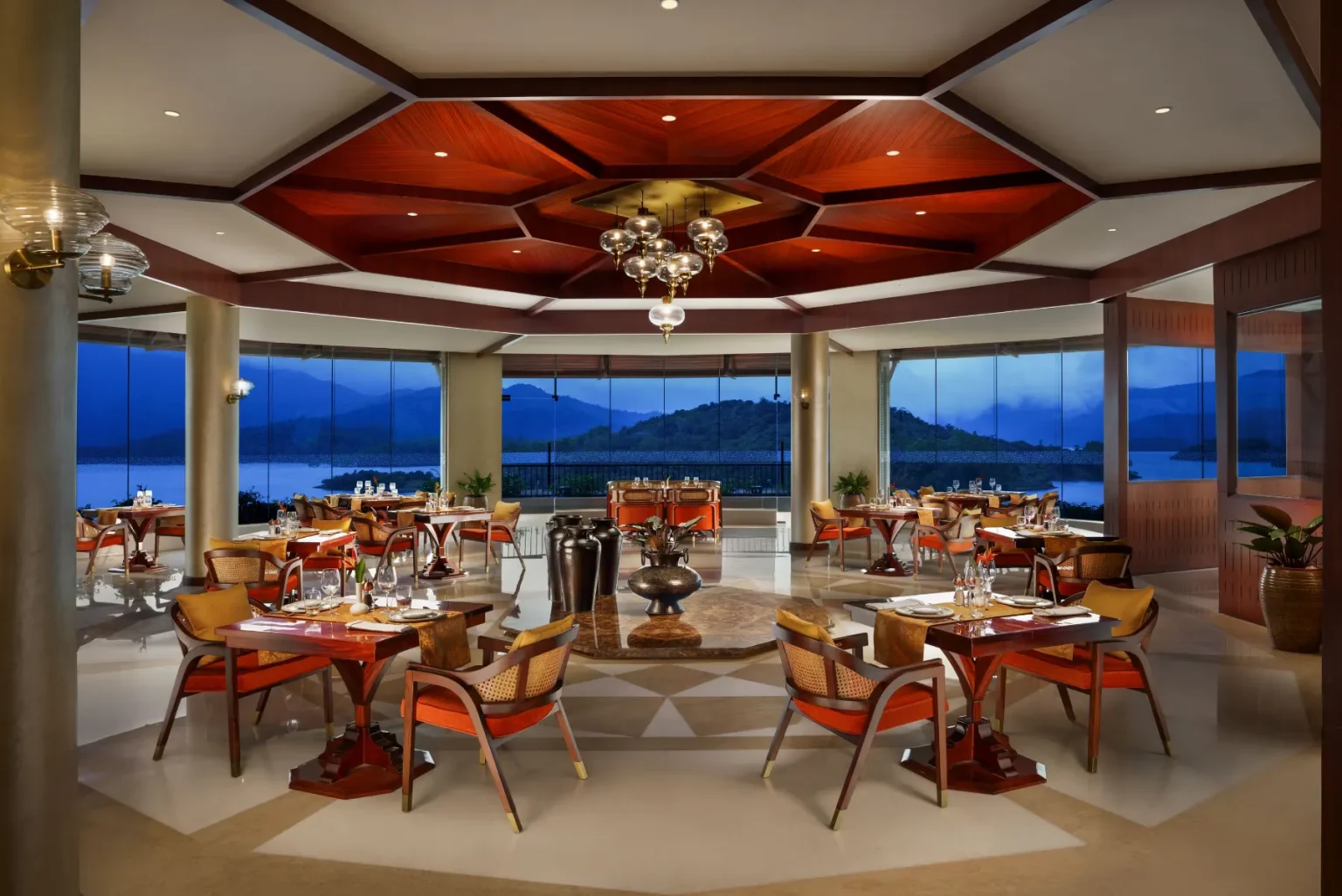 Southern Spice restaurant with panoramic Banasura Lake view at Taj Wayanad Resort