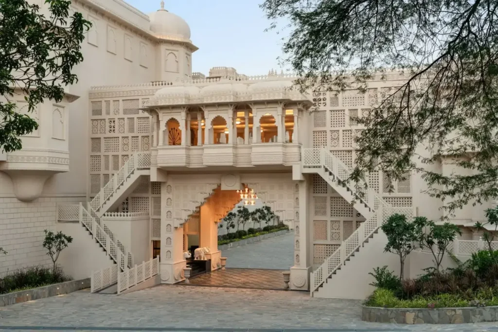 Rajasthani-style entrance archway with staircases at Wyndham Grand Udaipur Fatehsagar Lake