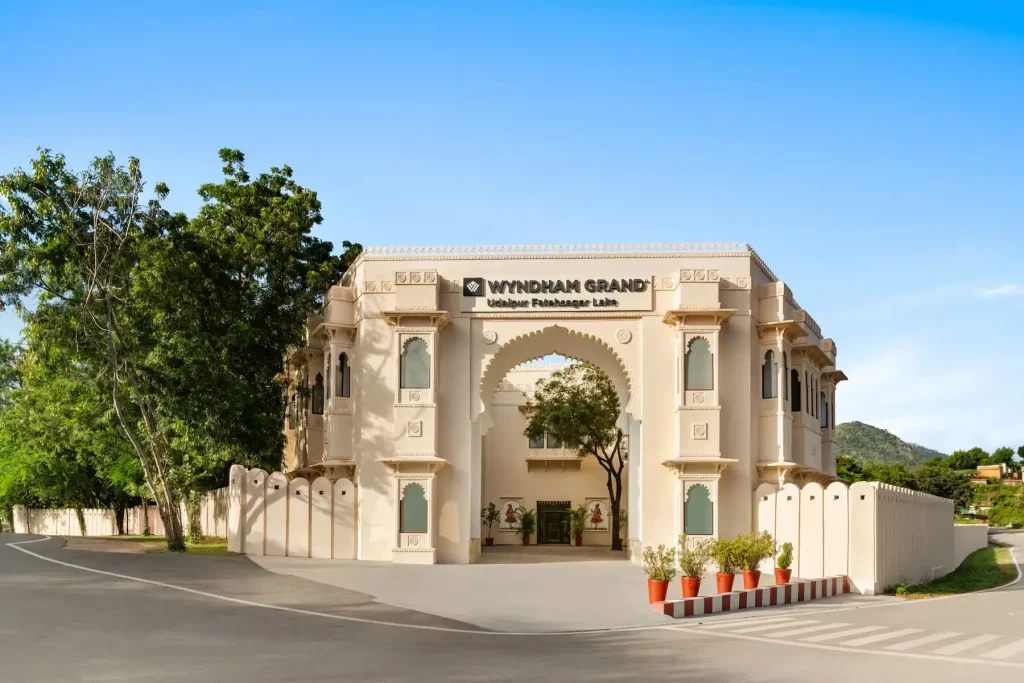 Main entrance signage and archway at Wyndham Grand Udaipur Fatehsagar Lake