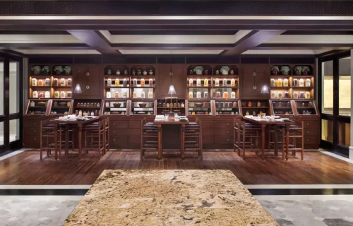 Spice-library-themed dining room with jarred ingredients at Raffles Udaipur