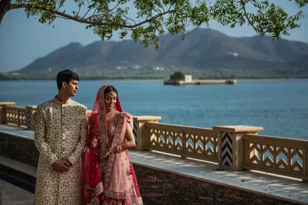 Bride in a heavily embroidered red bridal lehenga with pink dupatta and gold jewellery and groom in a cream and gold floral sherwani walking together along an ornate lakeside terrace with Lake Pichola and the Aravalli hills visible in the background at a luxury destination wedding in Udaipur